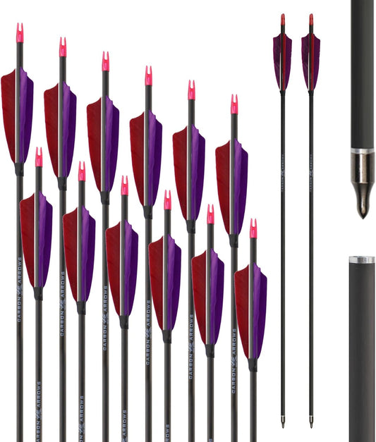 600 Spine Pure Carbon Arrows with Real Turkey Feathers Removable 100 Grain Tips Plastic Nocks for Archery Target Hunting
