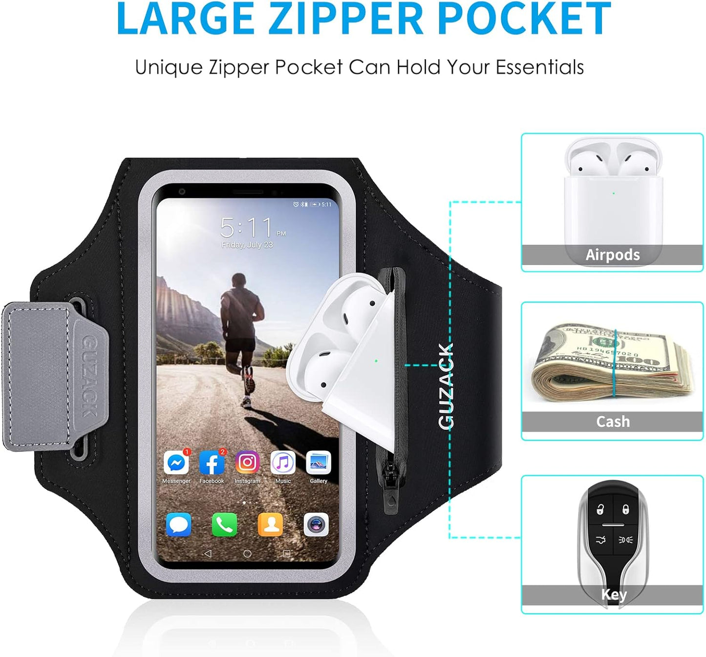 GUZACK Phone Holder for Running with Zipper Pouch, Running Armband for iPhone 16 Pro/15/14/13/12/11 Pro Max/Plus/XR/XS, Galaxy S25/S24/S23/S22, Cell Phone Arm Holder with Key Pocket & Card Slot