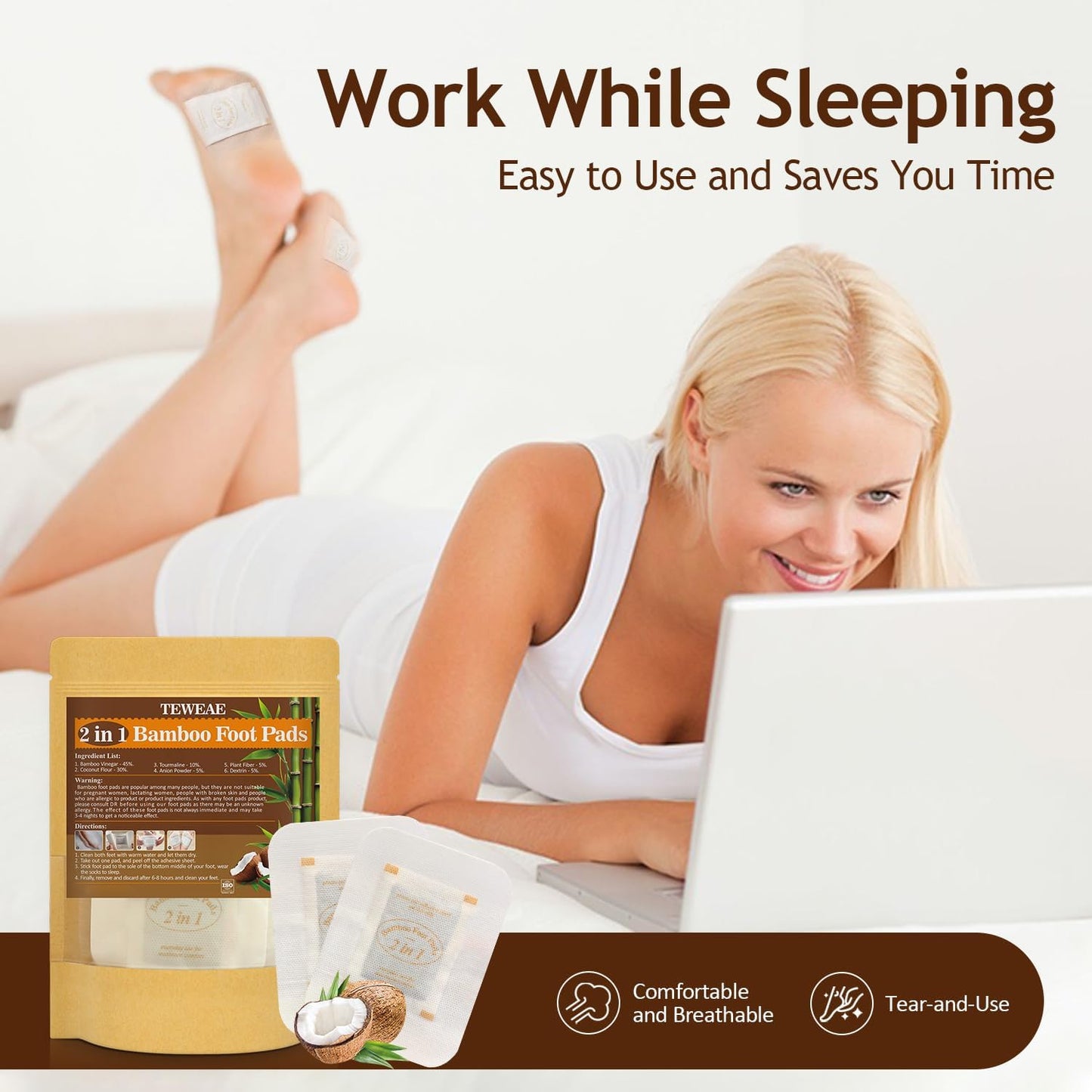 2 in 1 Foot Pads, Tear and Use Pure Bamboo Vinegar Coconut Foot Pads, Bigger Adhesive ''Stay in Place'' Goodnight Pads (10Pads)