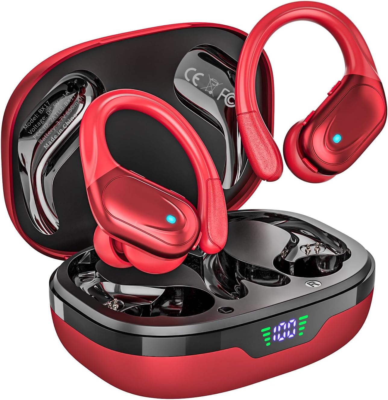 Wireless Earbuds, Sports Bluetooth Headphones, 80Hrs Playtime Ear Buds with LED Power Display, Noise Canceling Headset, IPX7 Waterproof Earphones for Workout/Running (Red)