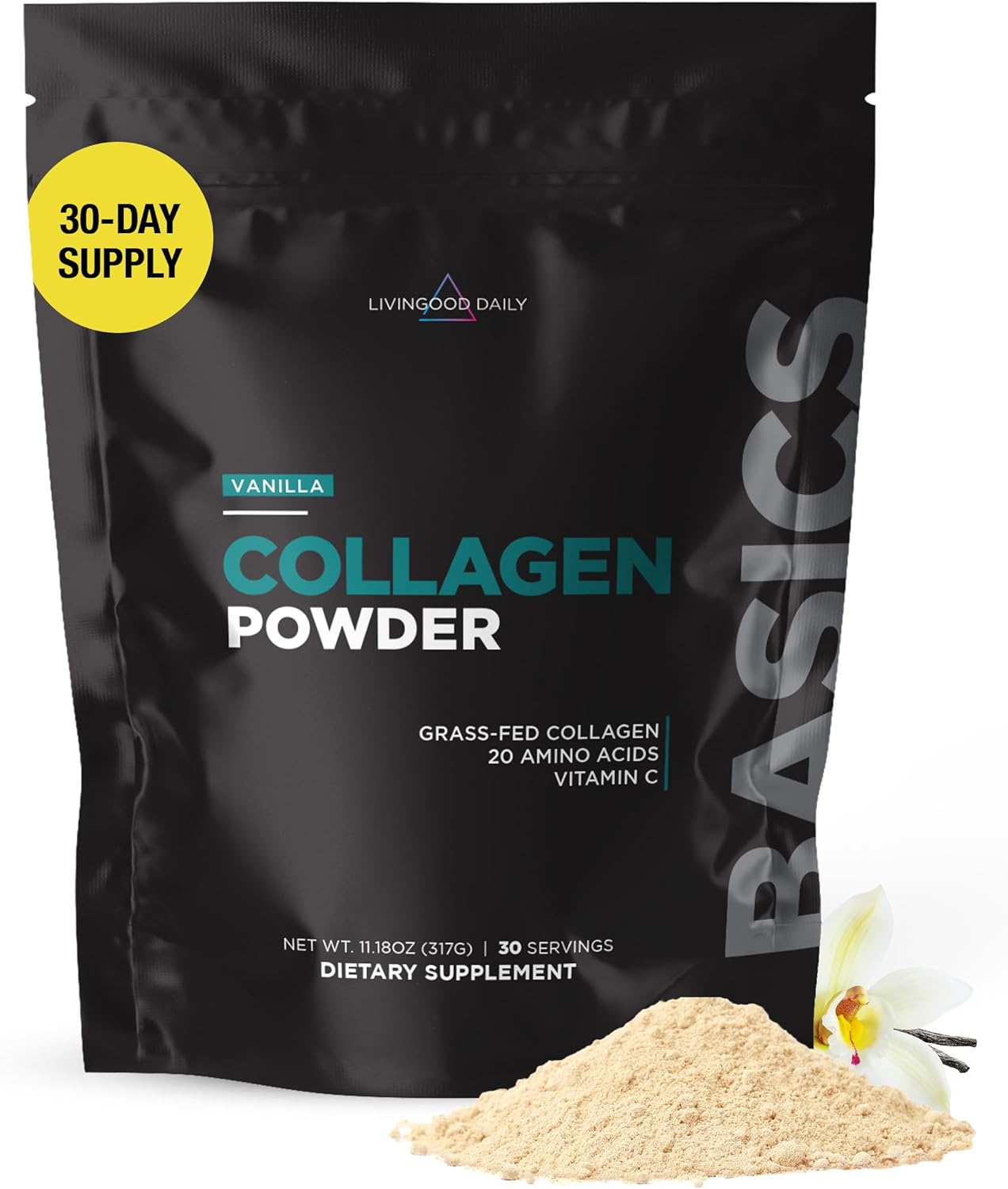 Livingood Daily Vanilla Collagen Powder for Women & Men, Hydrolyzed Collagen Peptides Powder with Vitamin C, Protein with 20 Amino Acids, Type I & III, Grass Fed, Keto, Paleo, Gluten Free, 30 Srvgs