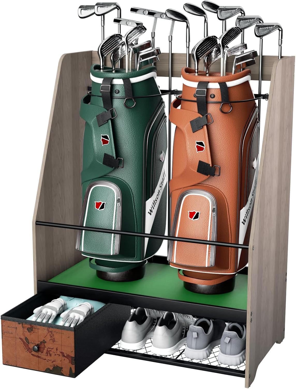 Golf Bag Organizer Storage for 2 Bags with Drawer – Easy Assemble Golf Club Stand Ideal for Garage, Clubs and Basement