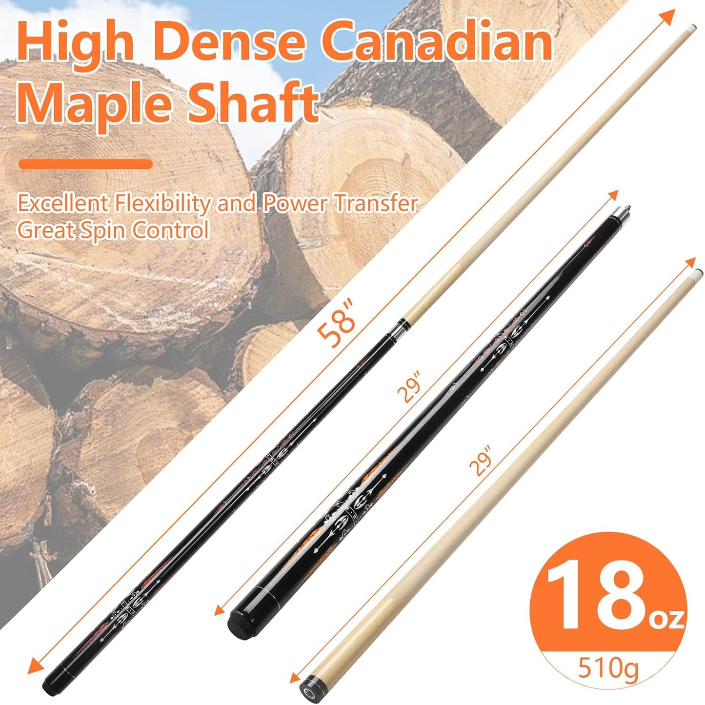 Pool Cue, 58" Billiard Cue Stick 2-Piece 13mm Maple Wood Pool Cue Stick 18 19 20 21oz for Bar House Pool Table Sports