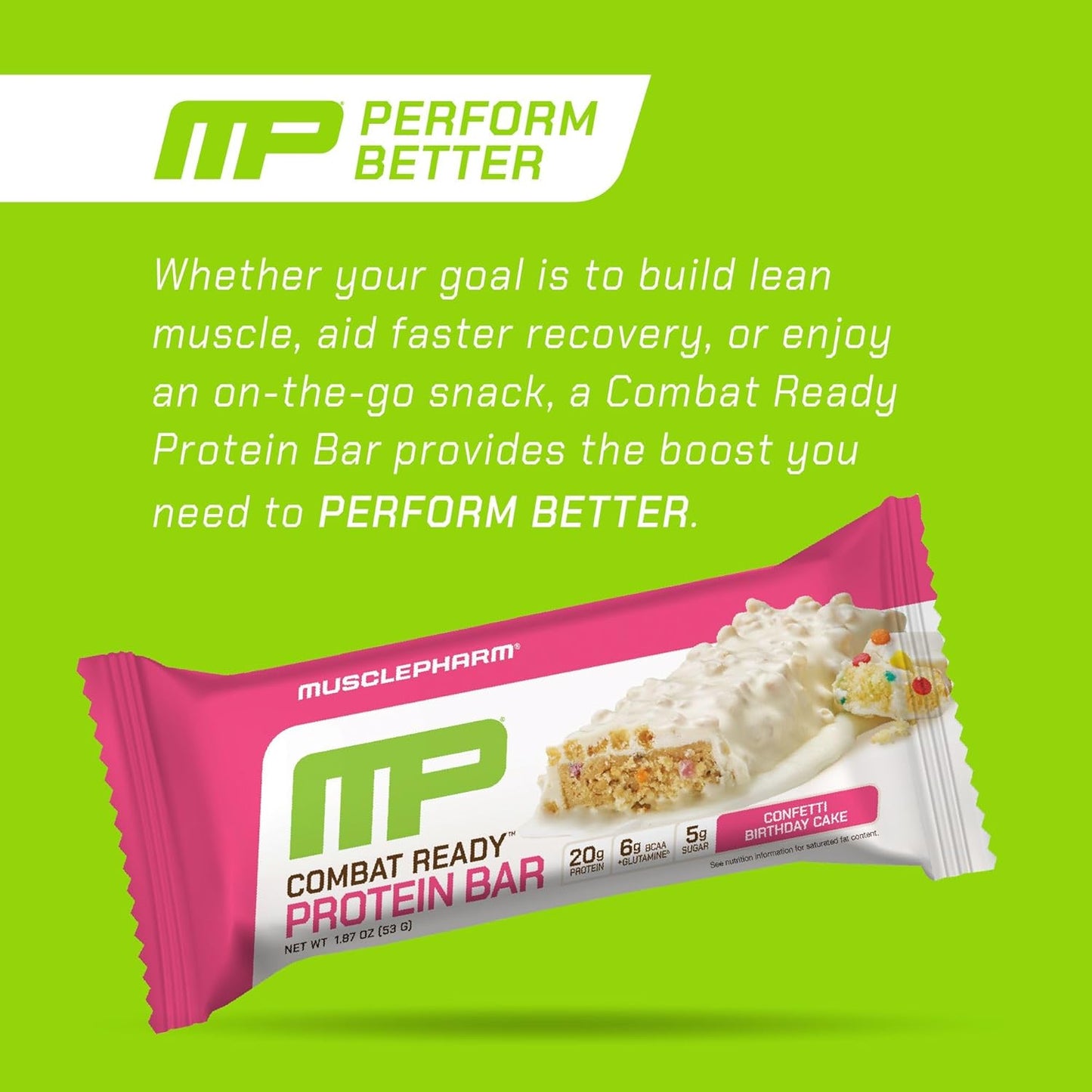 MusclePharm Combat Ready Protein Bar, Confetti Cake High Protein Bars, Combat Cravings, Fuel Performance & Meet Energy Demands, 20g Protein from Whey Protein, 4g Fiber, Gluten Free, 12 Bars