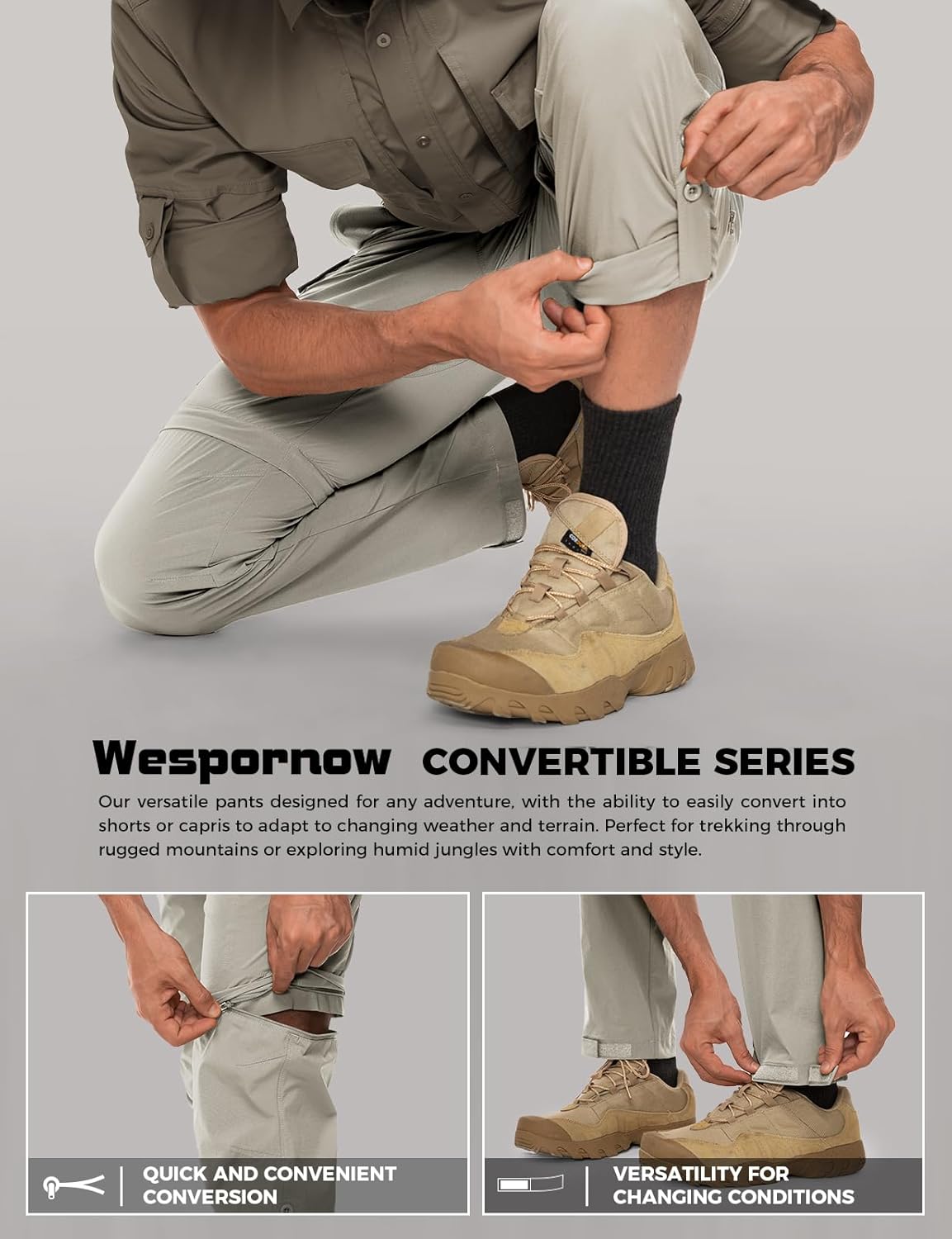 Wespornow Men's-Convertible-Hiking-Pants Quick Dry Lightweight Zip Off Breathable Cargo Pants for Outdoor, Fishing, Safari