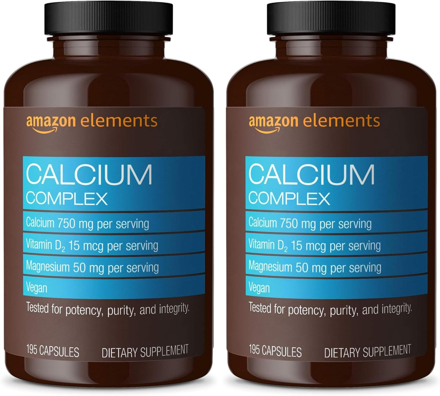 Amazon Elements Calcium Complex with Vitamin D, 250 mg Calcium (3 per Serving), Vegan, 195 Capsules (Packaging May Vary), Supports Strong Bones and Immune Health (Pack of 2)