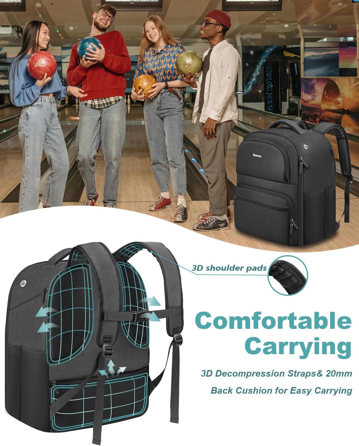 Bosynoy 2 Ball Bowling Backpack, Extra Large Bowling Ball Bag Totes with Protective Foam Padded, Accessory Pouch & Shoe Compartment Fits Up to Mens Size 16, Black