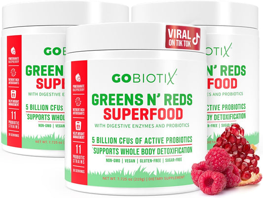 GOBIOTIX Super Greens and Reds Powder - Red and Green Superfood - Probiotic Supplement - Digestive Enzymes and Beet Root Powder - Organic Whole Foods Dietary Supplement (Pom Raspberry, 3 Pack)