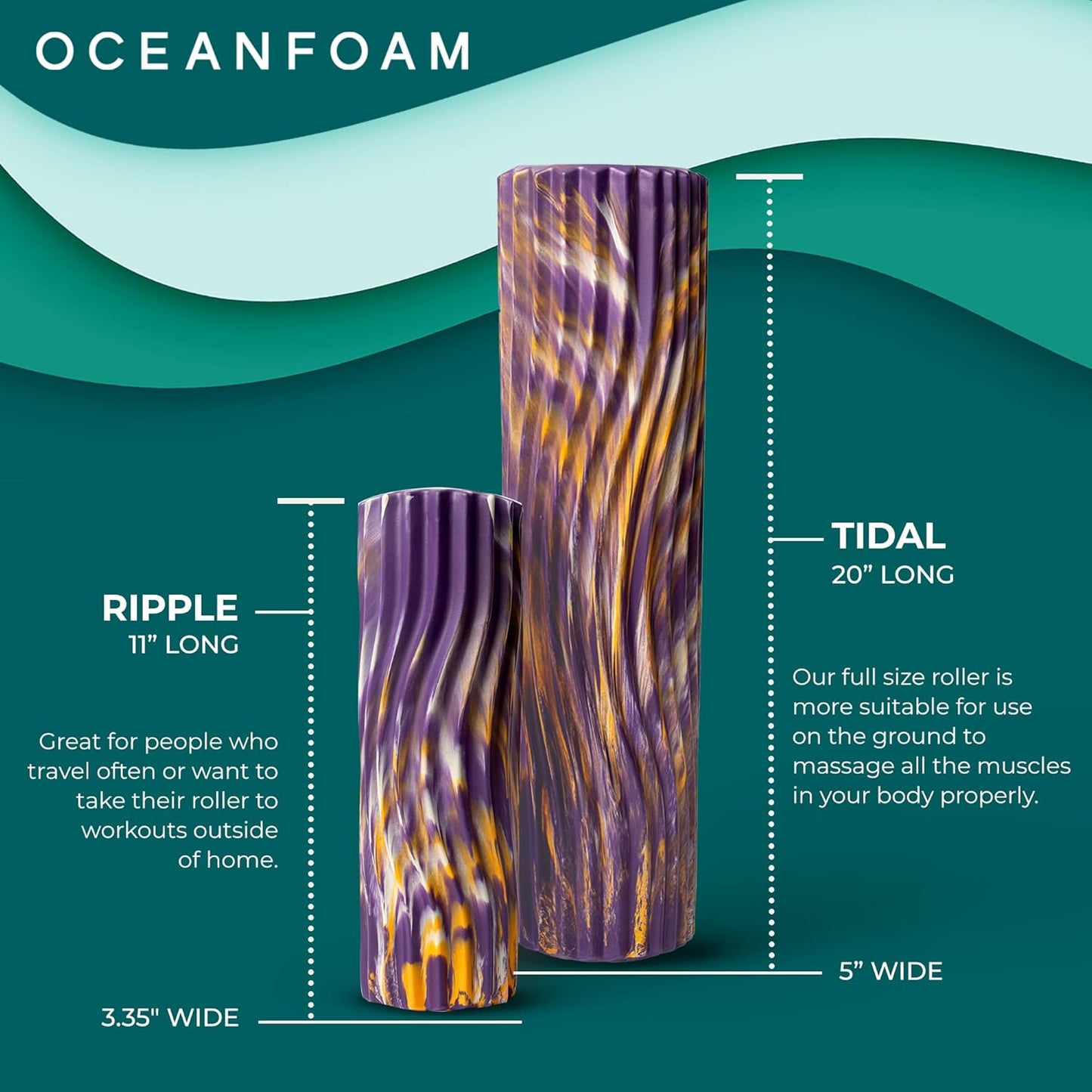Oceanfoam Tidal Roller - Purple, Gold & Natural Marbled - Muscle Massage Foam Roller for Back Pain & Stretching - Firm & Ergonomic Wide Wave Textured - Yoga, Athletics, Wellness - Full Size, 20" x 5"