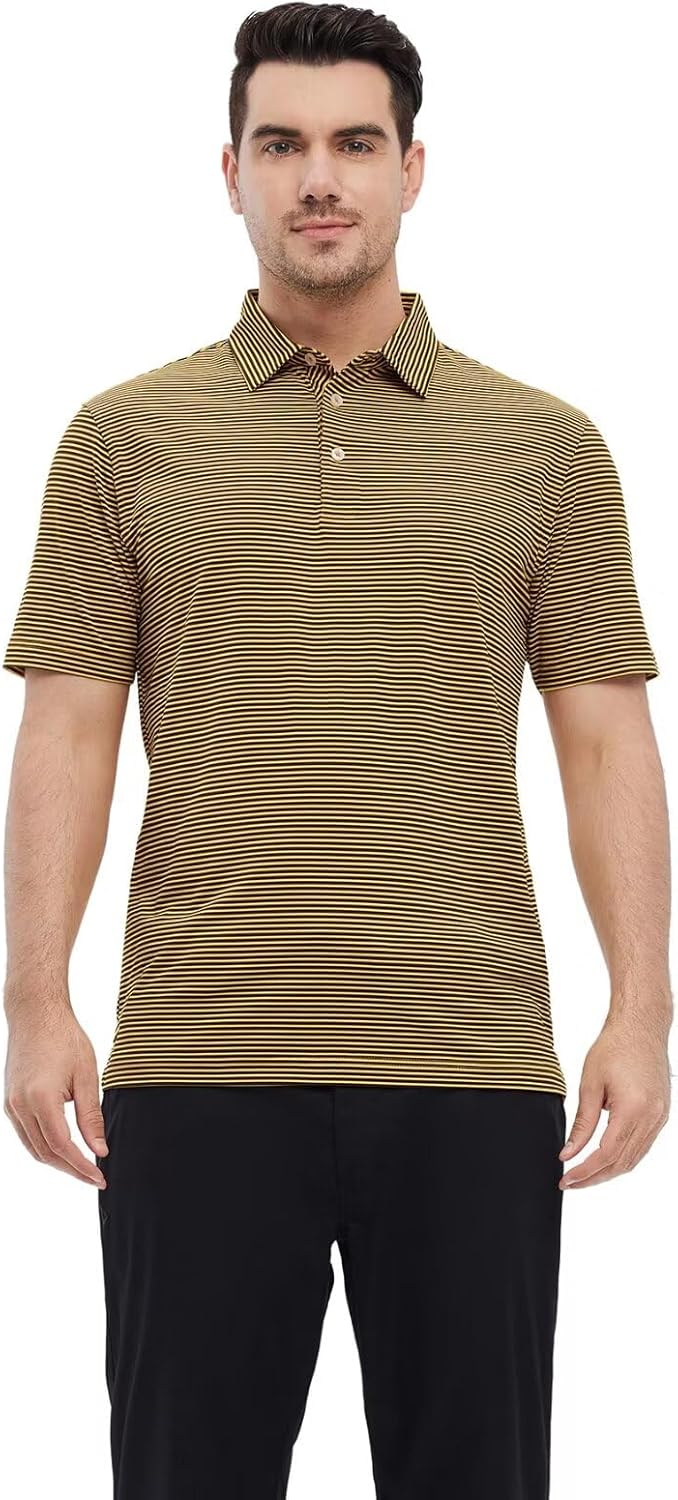 Mens Golf Shirt Moisture Wicking Dry Fit Performance Sport Short Sleeve Striped Golf Polo Shirts for Men
