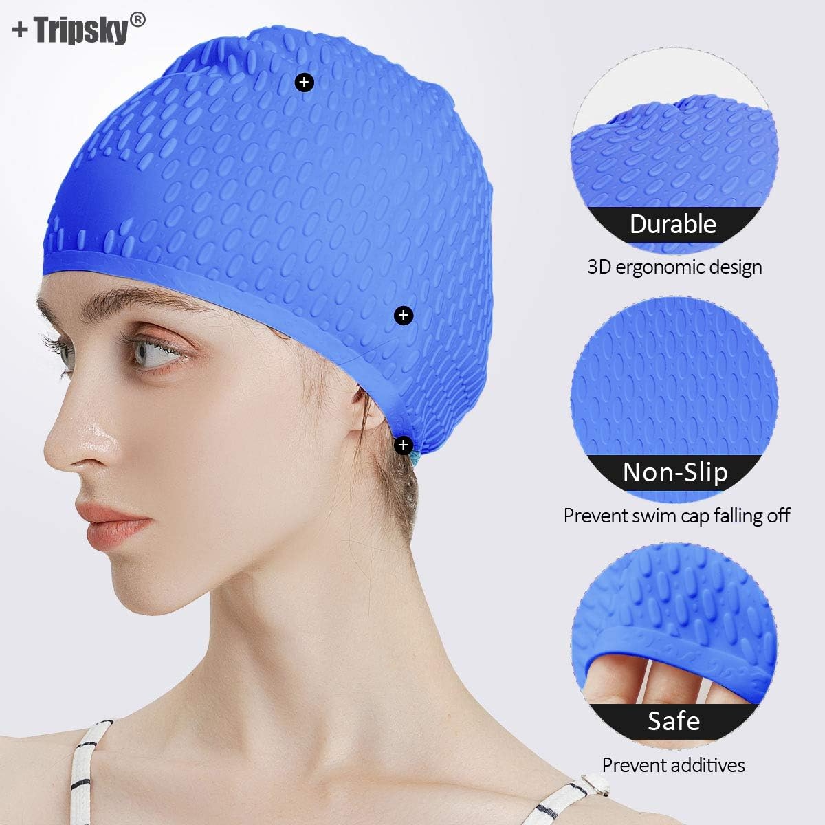 Tripsky Silicone Swim Cap,Comfortable Bathing Cap Ideal for Curly Short Medium Long Hair, Swimming Cap for Women and Men, Shower Caps Keep Hairstyle Unchanged…