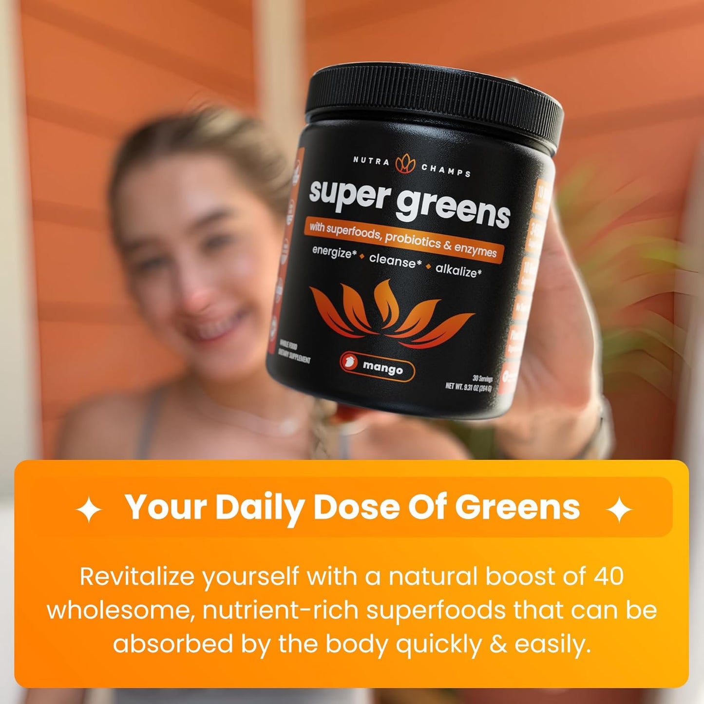 NutraChamps Super Greens Powder Premium Superfood | 20+ Organic Green Veggie Whole Foods | Wheat Grass, Spirulina, Chlorella | Antioxidant, Digestive Enzyme & Probiotic Blends (9.0 OZ, Mango)