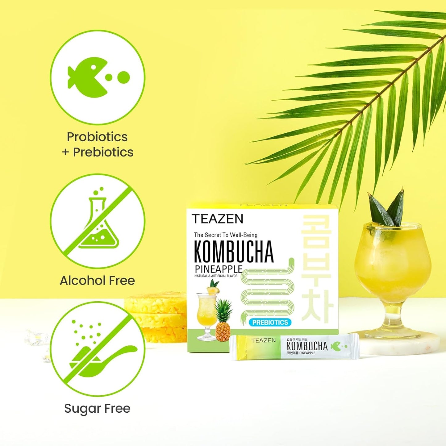 TEAZEN Pineapple Kombucha Tea, Hydration Drink Mix, Sugar Free, Live Probiotics & Prebiotics, 30 Sticks, 5.29oz