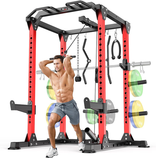 Power Cage Multi-Function Power Rack with Cable Crossover System,1800 LBS Capacity Squat Rack with Weight Bench,for Home Gym
