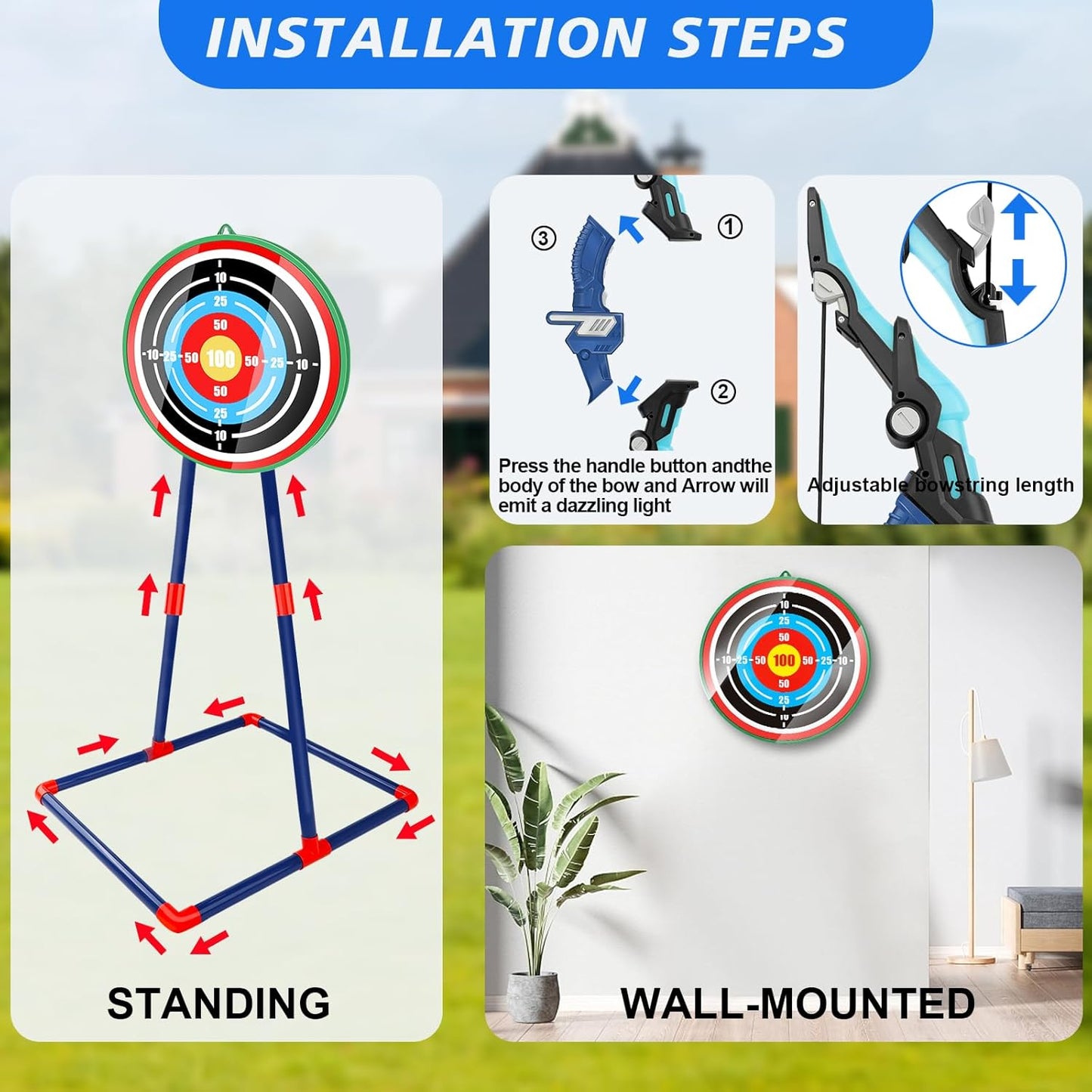 Bow and Arrow Set for Kids 4-12 Years Old, LED Light Up Archery Toy with 20 Suction Cup Arrows and Standing Target, Indoor Outdoor Activity Toys for Ages 4-6 8-13