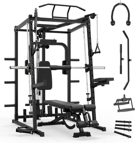 Mikolo All-in-One Smith Machine Home Gym, 2000LBS Power Cage with Cable Crossover System, Integrated Squat Rack with Weight Bar for Full-Body Training—LAT Pulldown, T-Bar Row, Triceps, Chest Fly