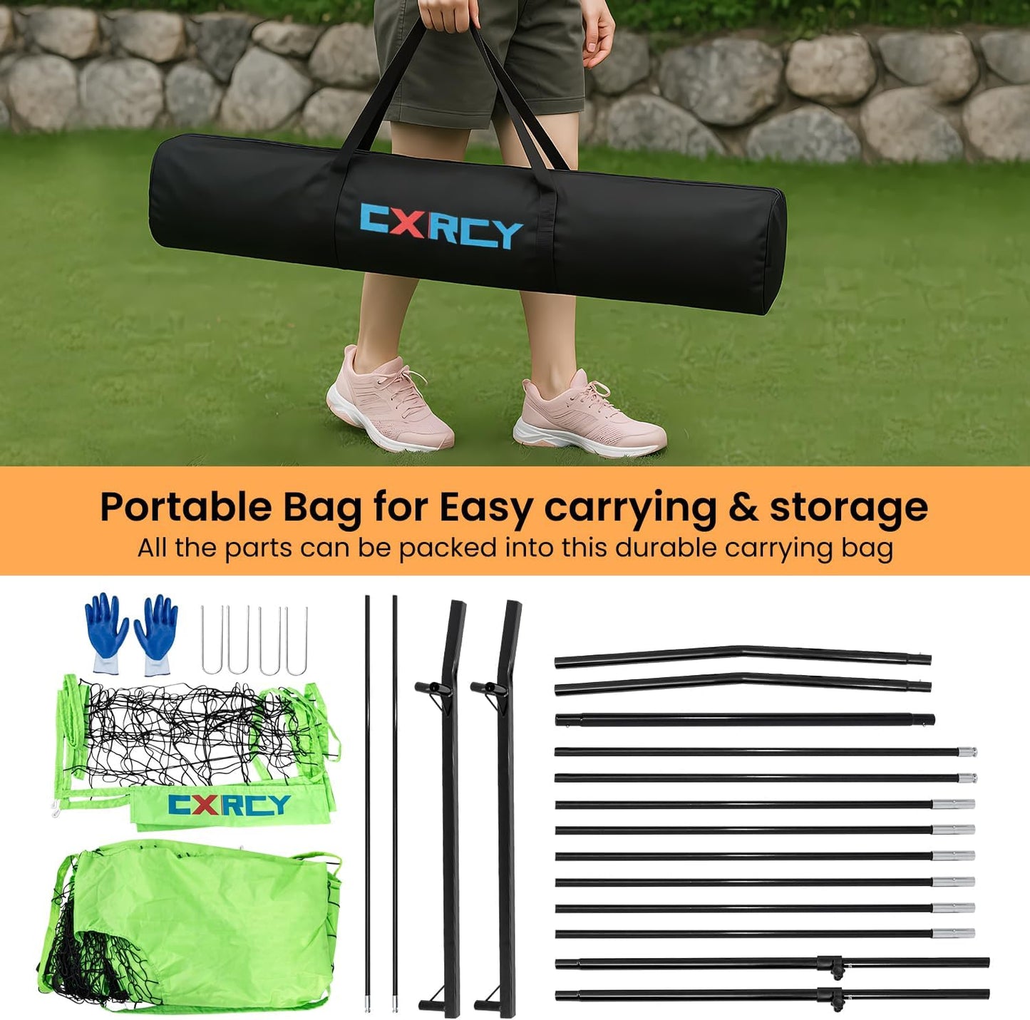 CXRCY Volleyball Training Net System, 11x 8 FT Volleyball Practice Net Station with Adjustable Height Freely, Portable &Easy Setup for Backyard Individual &Team Practice-Include Oxford Cloth Bag
