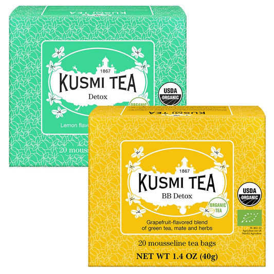 Kusmi Tea - BB Detox + Detox - Set of 2 boxes - 2 Green Tea, Mate, Herbal and Lemon and Grapefruit Flavored Blends - To be enjoyed Hot or as Iced Tea - 2x20 Tea Bags