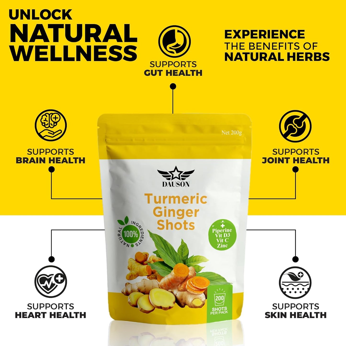 Turmeric Ginger Supplements with Piperine, Vitamin C, Vitamin D3 & Zinc | Turmeric Ginger Shots for Joint, Heart, Brain, Gut & Skin Health | 200 Servings | Ayurvedic | Powder
