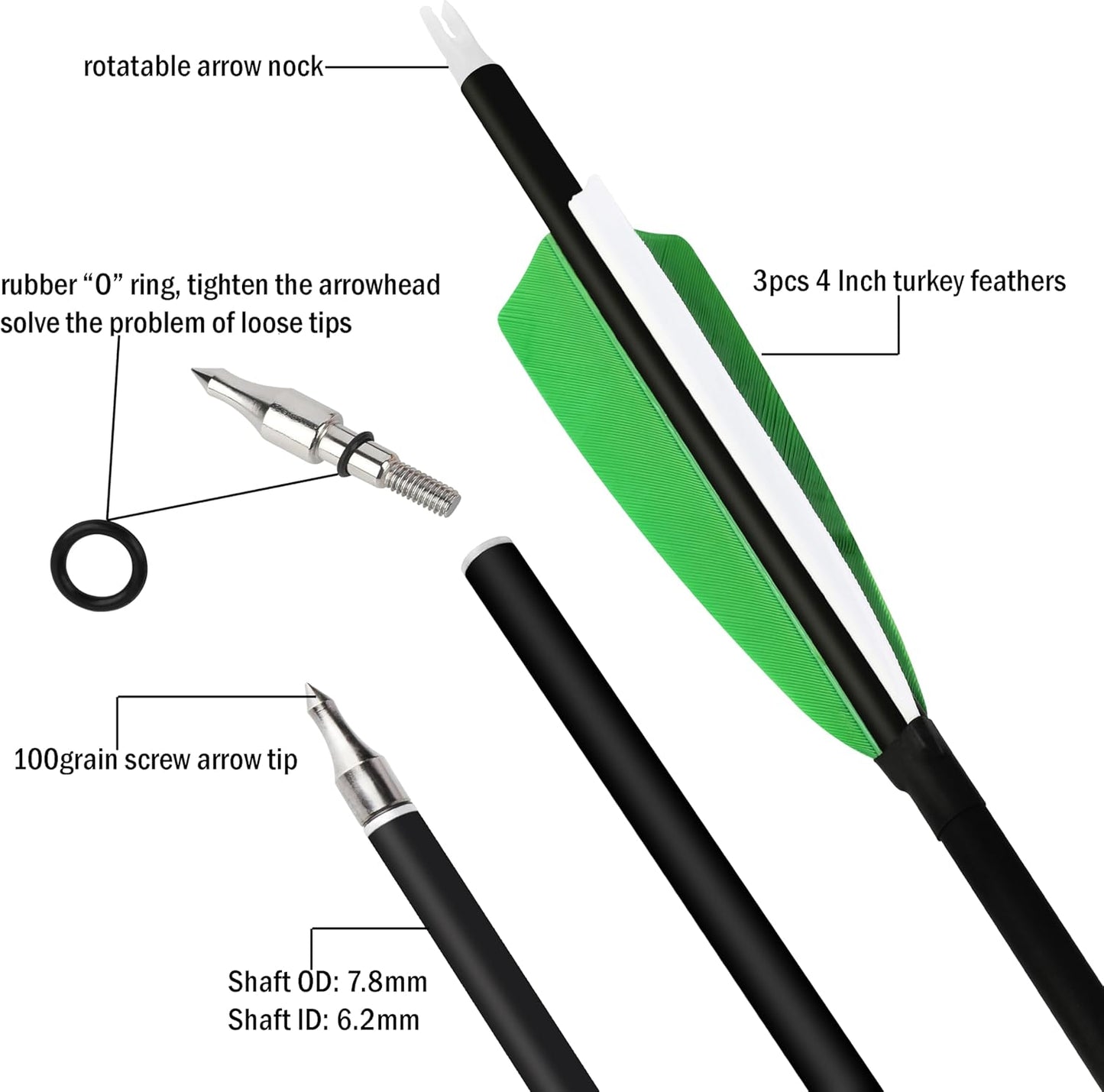 ZSHJGJR 30 Inch Archery Carbon Arrows Hunting Arrows with 4” Turkey Feather Target Practice Arrows Spine 500 for Compound & Recurve &Traditional Bow 6/12pcs