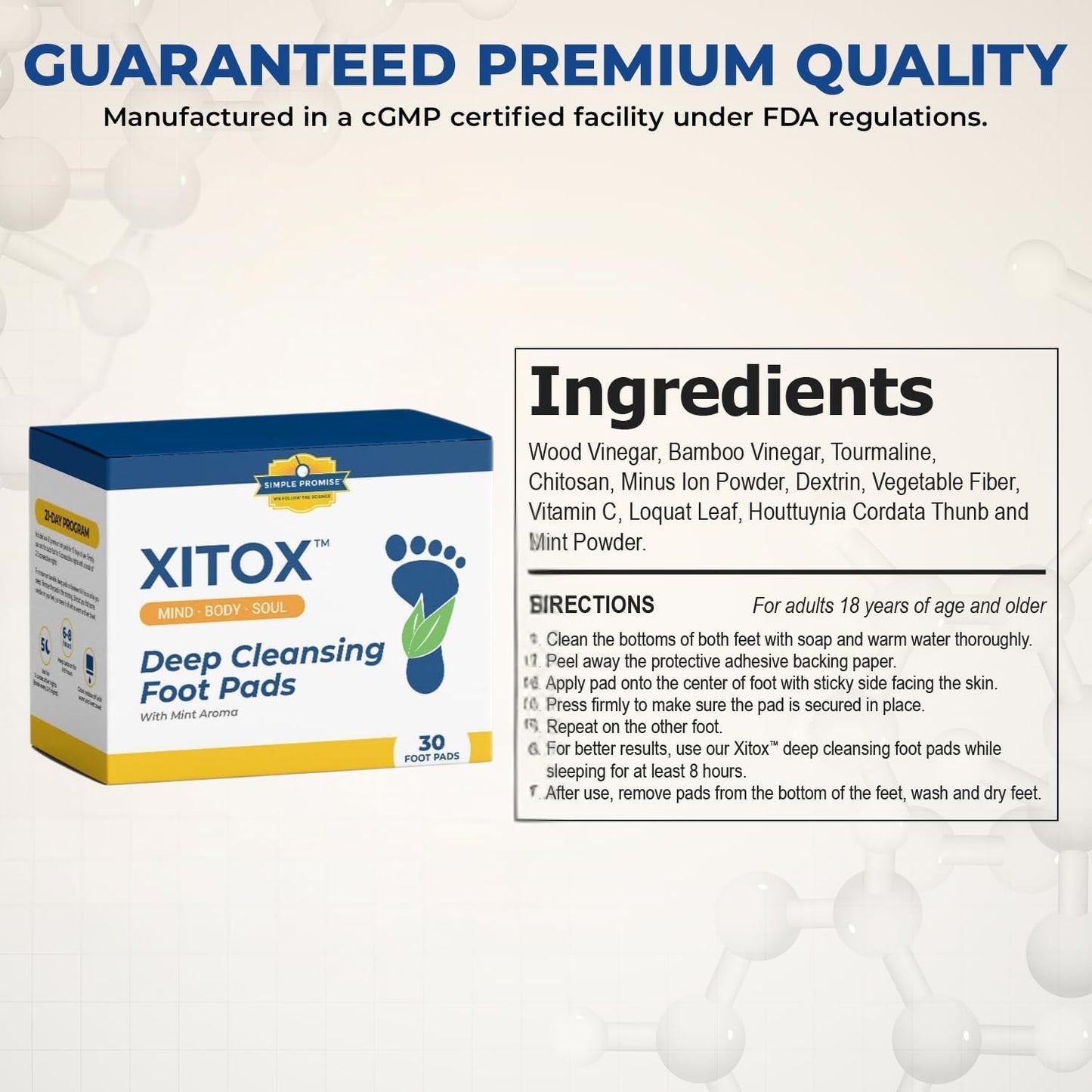 Simple Promise - Xitox Deep Cleansing Foot Pads - Supports Restful Sleep & Helps Remove Tension - Natural Herbal Ingredients for Feet - Comfortable Adhesive & Easy Peel - 30 Foot Patches - Mint Aroma