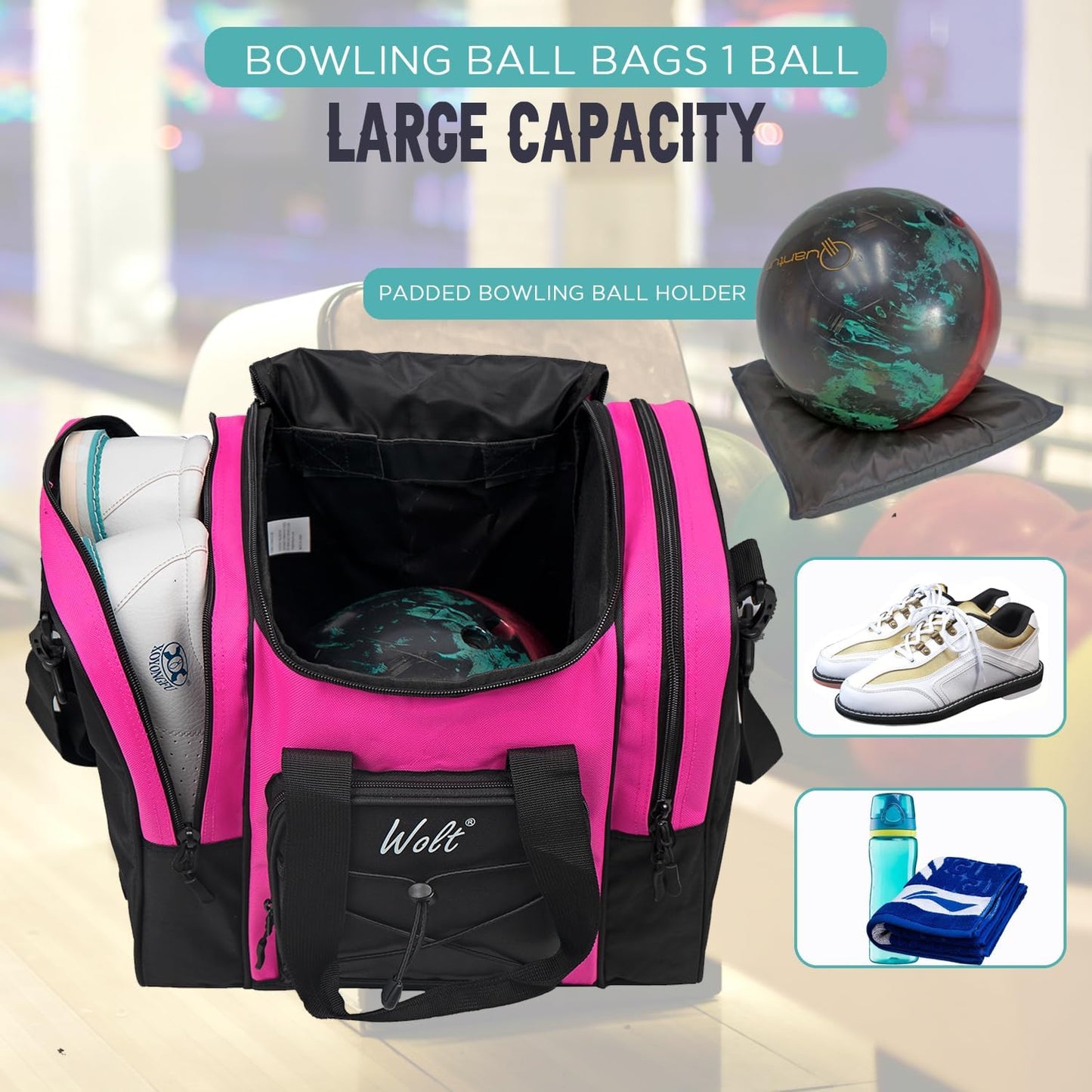 WOLT Bowling Ball Bag for Single Ball - Bowling Ball Tote Bag with Padded Ball Holder, 2 Pockets fit Bowling Shoes Up to Mens Size 14 and Accessories