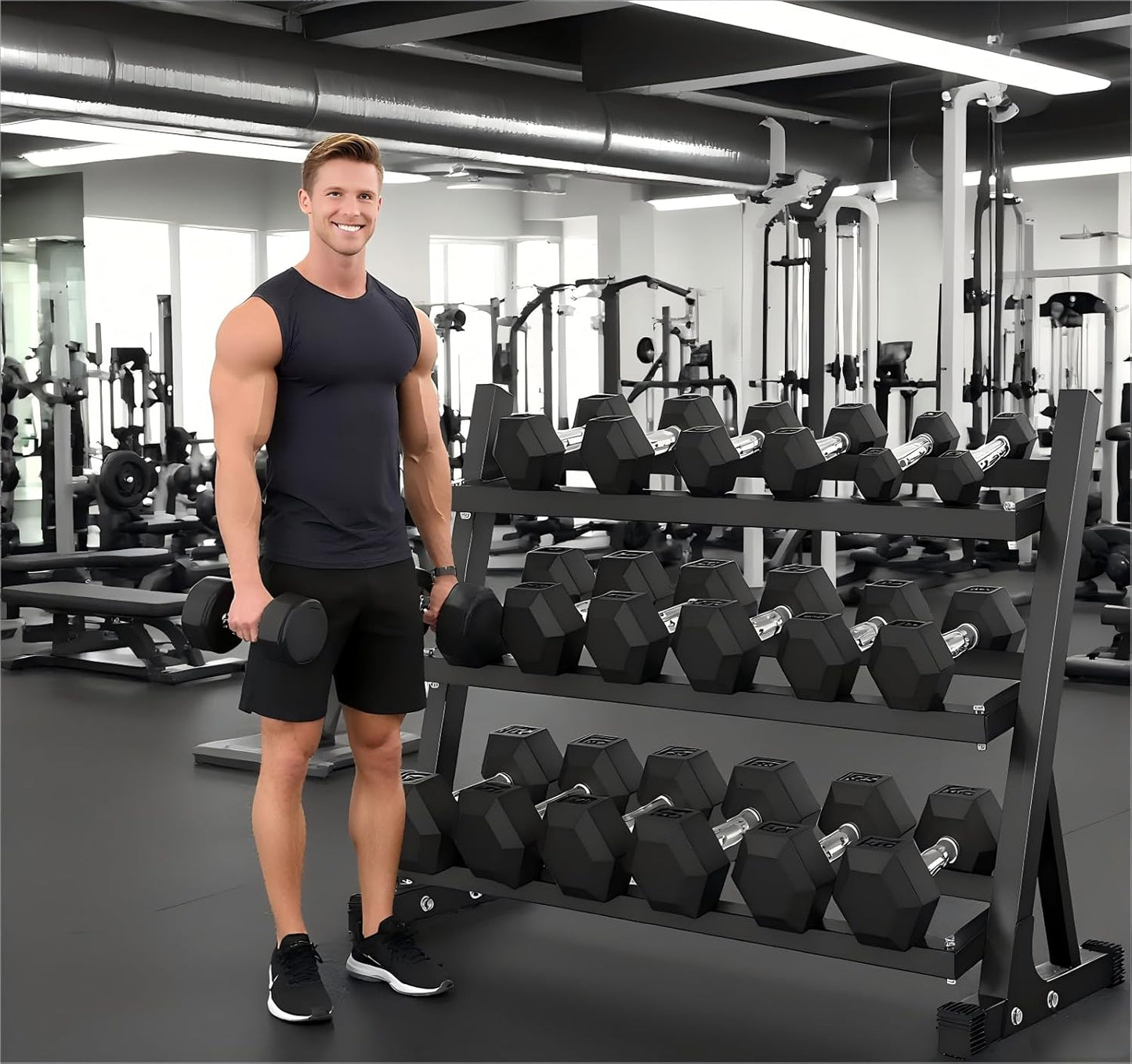 5-50 lbs Hex Dumbbell Weight Set With Rack for Home Outdoor Gyms 6-10 Pair Rubber Exercise & Fitness Nonslip Handle Dumbbells and Storage Rack Hold 350/450/550 Pounds