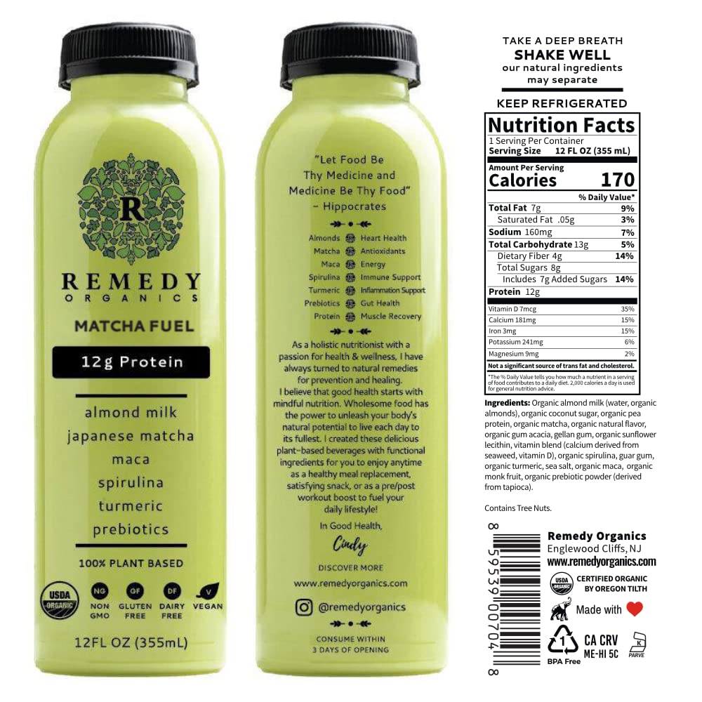 Remedy Organics Matcha Fuel 12-Pack | Plant Based Protein Shakes, Ready to Drink | USDA Organic, Gluten Free, Dairy Free, Soy Free