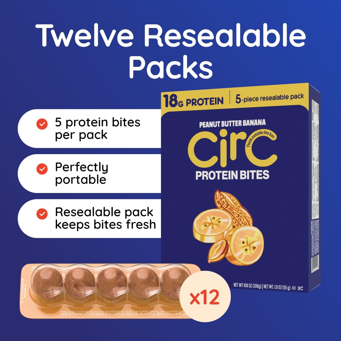 CirC Protein Bites - 12 Count Peanut Butter Banana High Energy Balls - 18g of protein from 4g Collagen 5g of net carbs, Whey & Peanuts - Portable Healthy Snacks in 5-Piece Resealable Packs