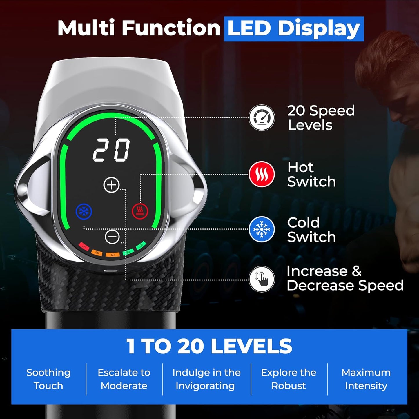 Massage Gun Deep Tissue with Heat and Cold Head, 6 Temperatures, 20 Levels & 10 Heads, Handheld Muscle Massager Gun with Carry Case, Portable Percussion Muscle Massager Gun (White)