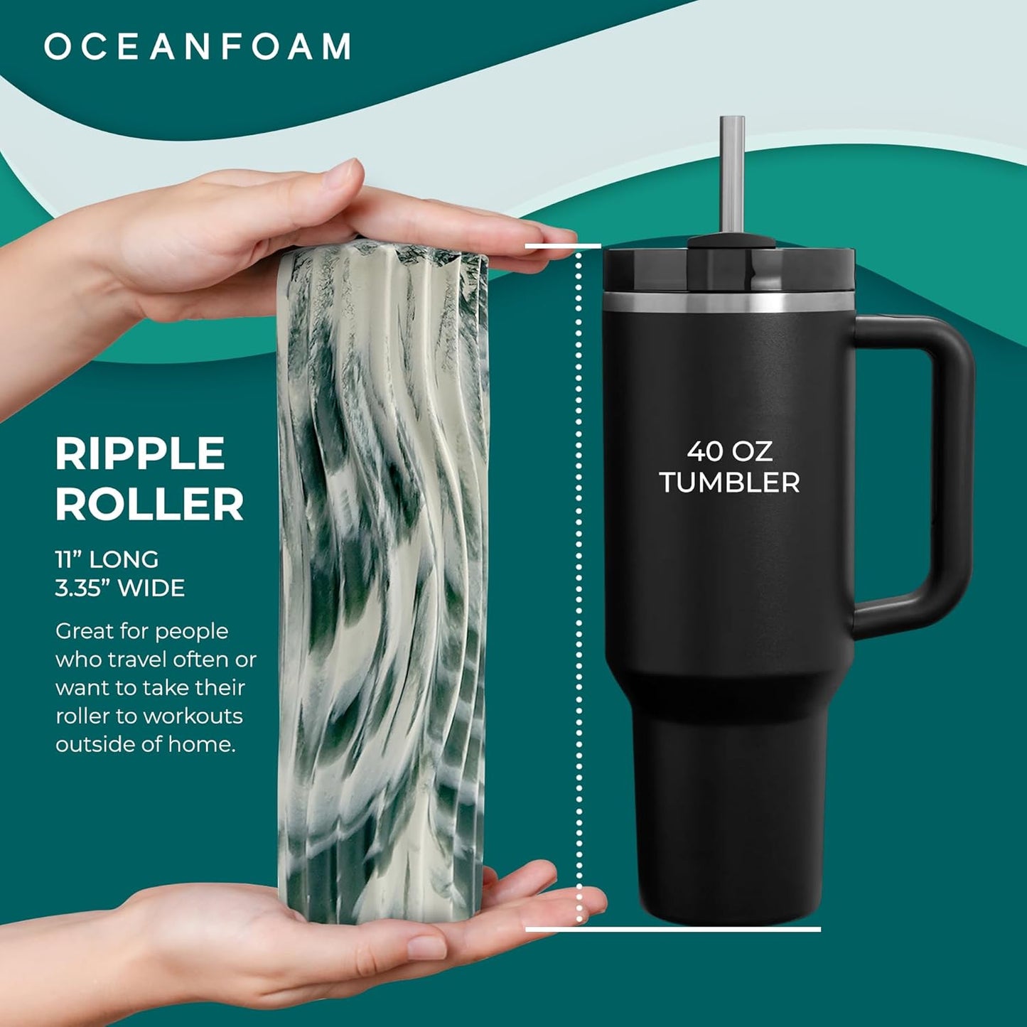 Oceanfoam Ripple Travel Foam Roller (11" x 3.35") Firm Mini Foam Roller for Physical Therapy, Deep Tissue Massage, Back Pain - High Density, Ergonomic Wave Textured - Yoga, Exercise (Hunter Marbled)