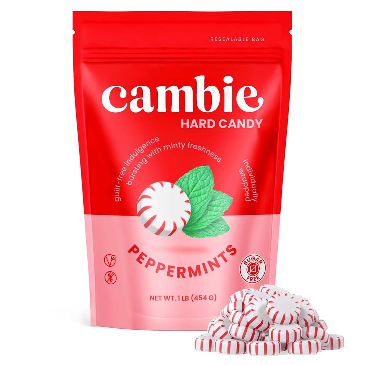 Cambie Sugar Free Mints, 1 lb of Sugar Free Hard Candy, Individually Wrapped Peppermints with a Refreshing & Sweet Mint Flavor, Packaged Fresh in a Resealable Pouch