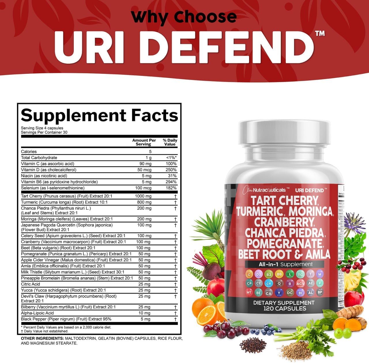 Clean Nutraceuticals Tart Cherry Extract Capsules with Turmeric Moringa Cranberry Chanca Piedra Celery Quercetin ACV Pomegranate L Selenomethionine - Uric Levels - 120 Ct