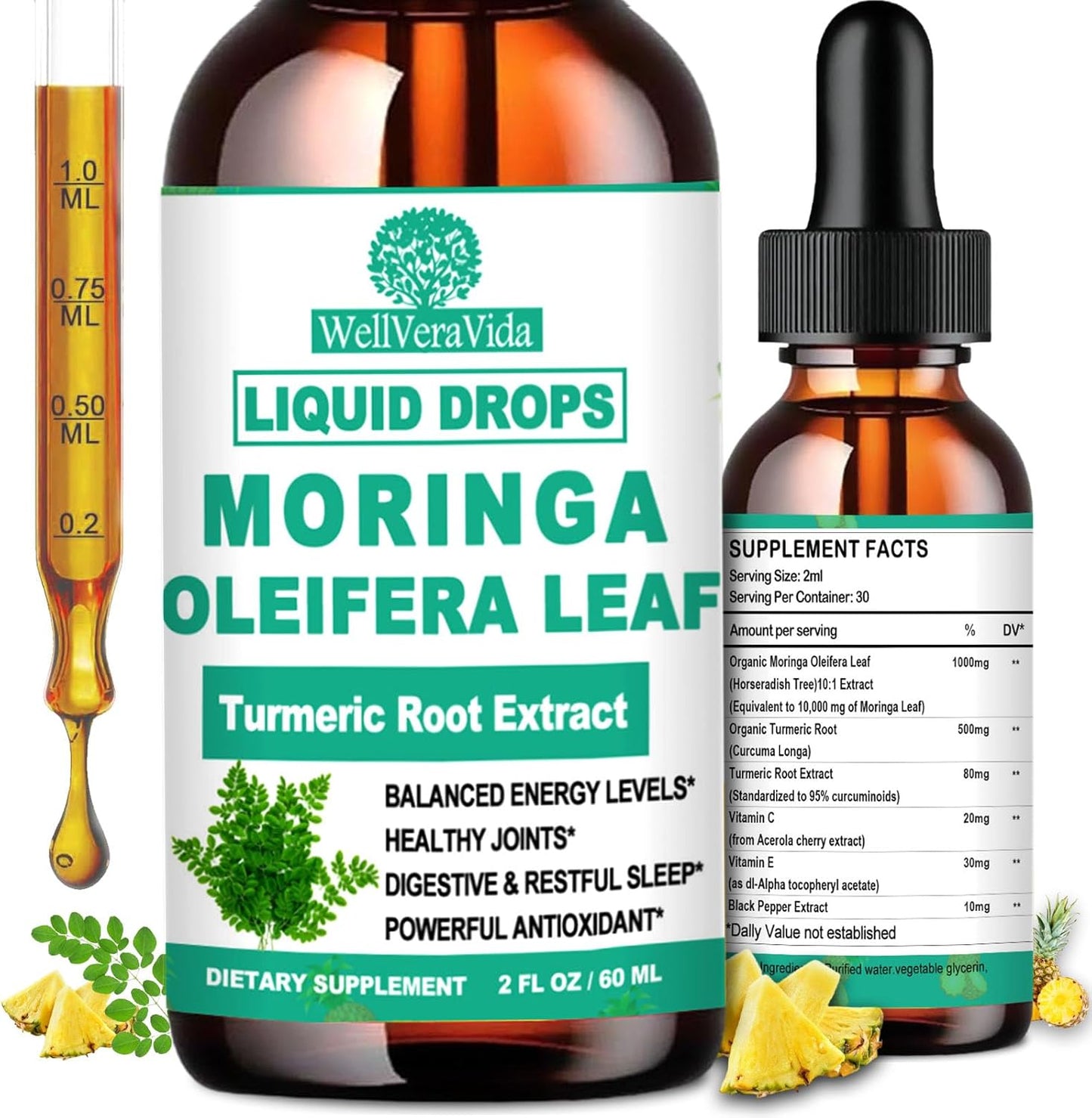 Organic Moringa Liquid Drops, Pure Moringa Oleifera Leaf Extract w. Turmeric, Black Pepper & Vitamin C E, Moringa Supplemens for Activates AMPK & GLP-1, Energy Antioxidant Skin Gut