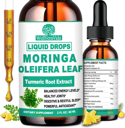Organic Moringa Liquid Drops, Pure Moringa Oleifera Leaf Extract w. Turmeric, Black Pepper & Vitamin C E, Moringa Supplemens for Activates AMPK & GLP-1, Energy Antioxidant Skin Gut