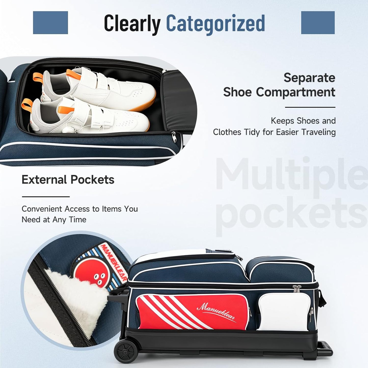 MANUEKLEAR 3 Ball Bowling Bags with Wheels, Bowling Ball Bag 3 Ball Roller with Accessory Pockets and Shoe Compartment