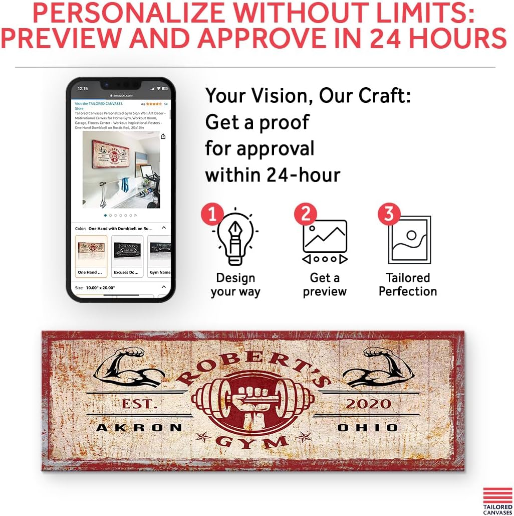 Tailored Canvases Personalized Gym Sign Wall Art Decor - Motivational Canvas for Home Gym, Workout Room, Garage, Fitness Center - Workout Inspirational Posters - One Hand Dumbbell on Rustic Red, 36x12in