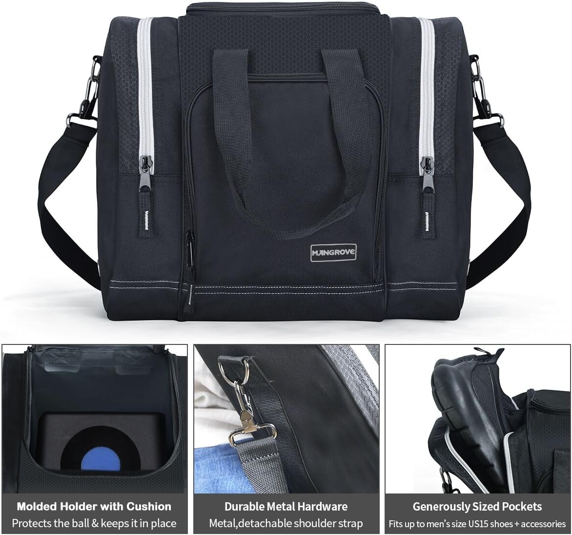 Mangrove Bowling Ball Bag for Single Ball, 2020 Bowling Ball Tote Bowling Bag with Padded Ball Holder - Fits Bowling Shoes Up to Mens Size 14 and Accessories (Black)