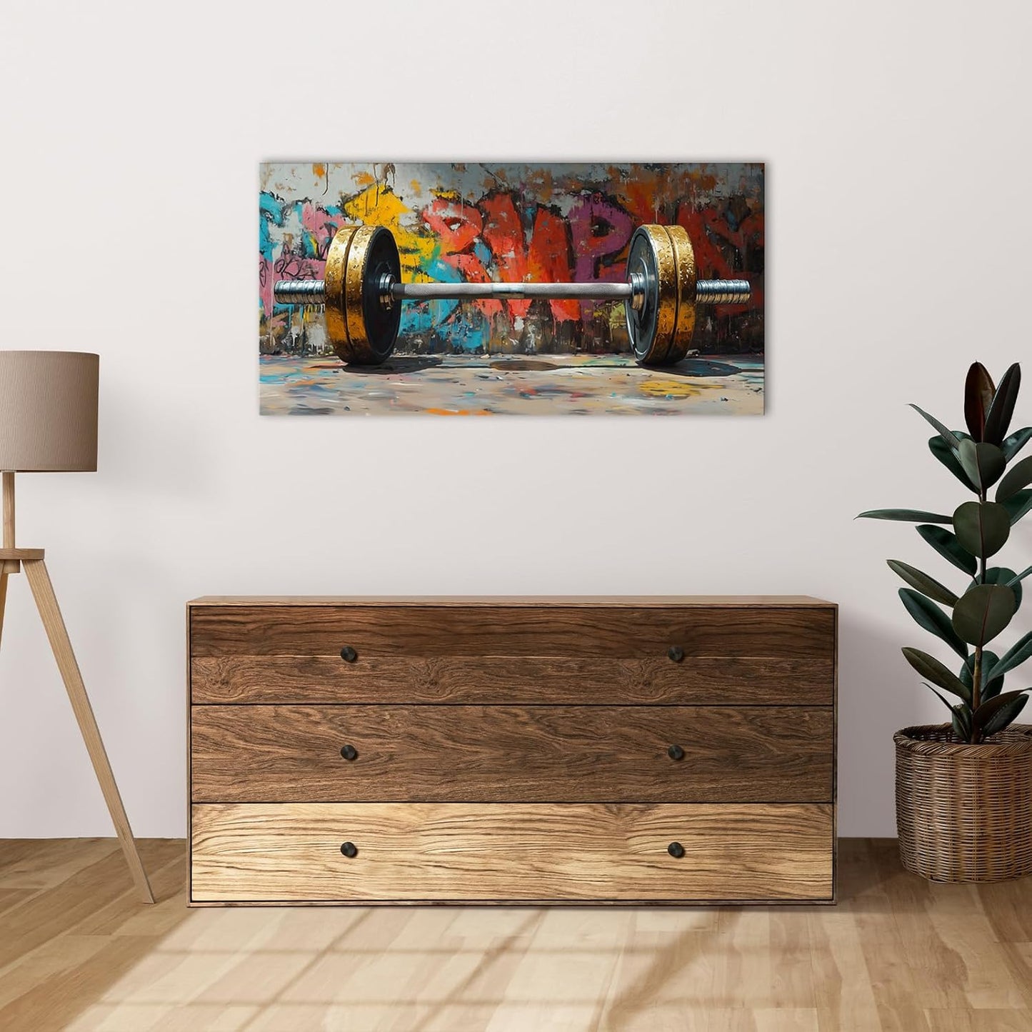 VANSEEING Graffiti Gym Wall Art Canvas Prints Barbell Weightlifting Fitness Picture Sport Motivational Artwork Oil Painting Wall decor for Workout Bedroom Fitness Boys Room 40x20 inch