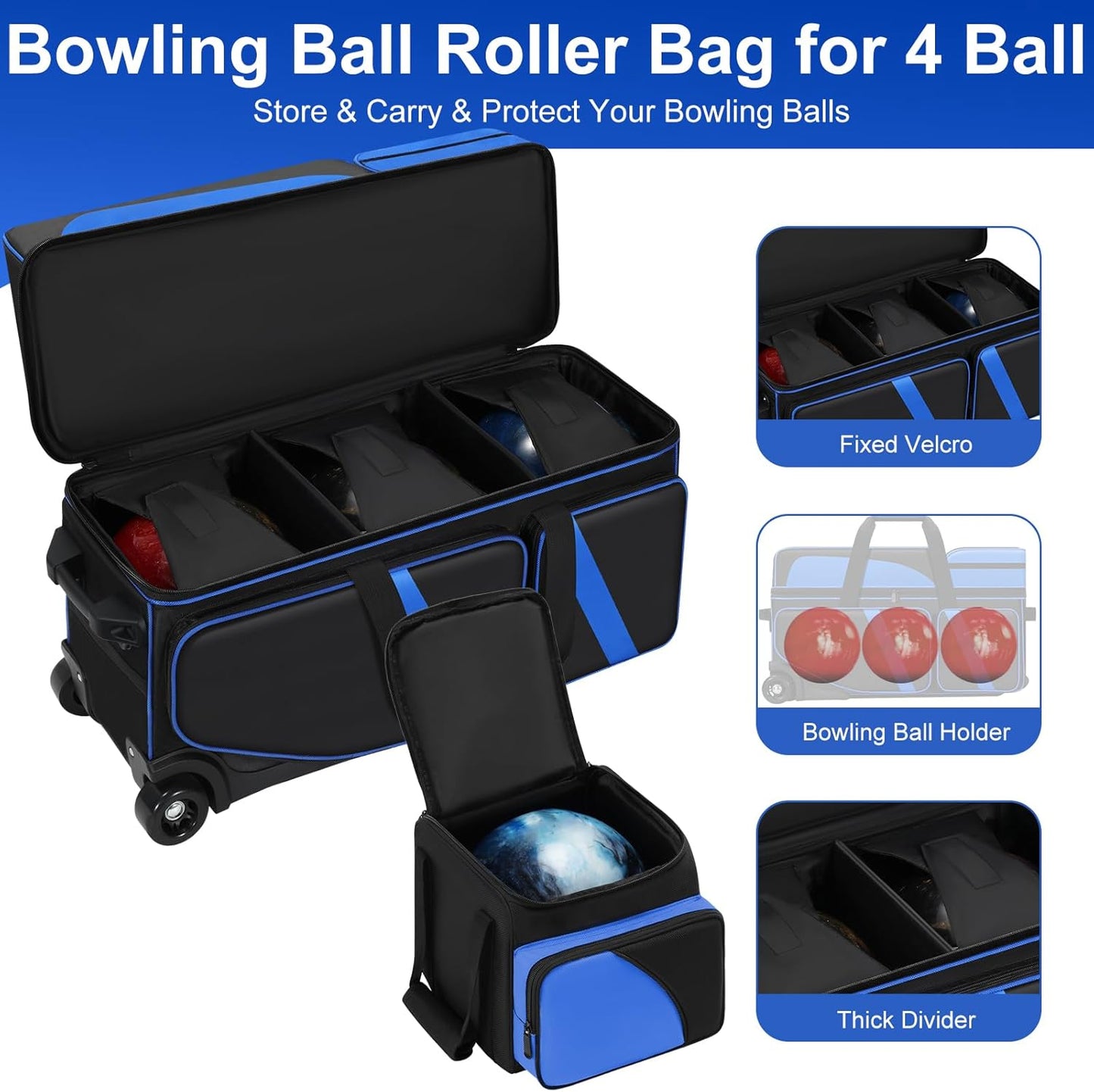 4 Ball Bowling Bag with Wheels, Bowling Bag 4 Ball Roller with Multi-pocket & Shoe Compartment & Retractable Handle, 3 Ball Roller Bag + 1 Ball Color Matching Add On Tote