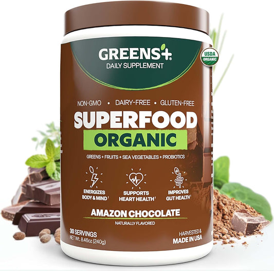 Greens+ Plus Organic Superfood Amazon Chocolate, Boost Energy, Essential Blend of Raw Foods, Non GMO, Gluten Free, USDA Organic and Vegan Powder, 8.46 oz