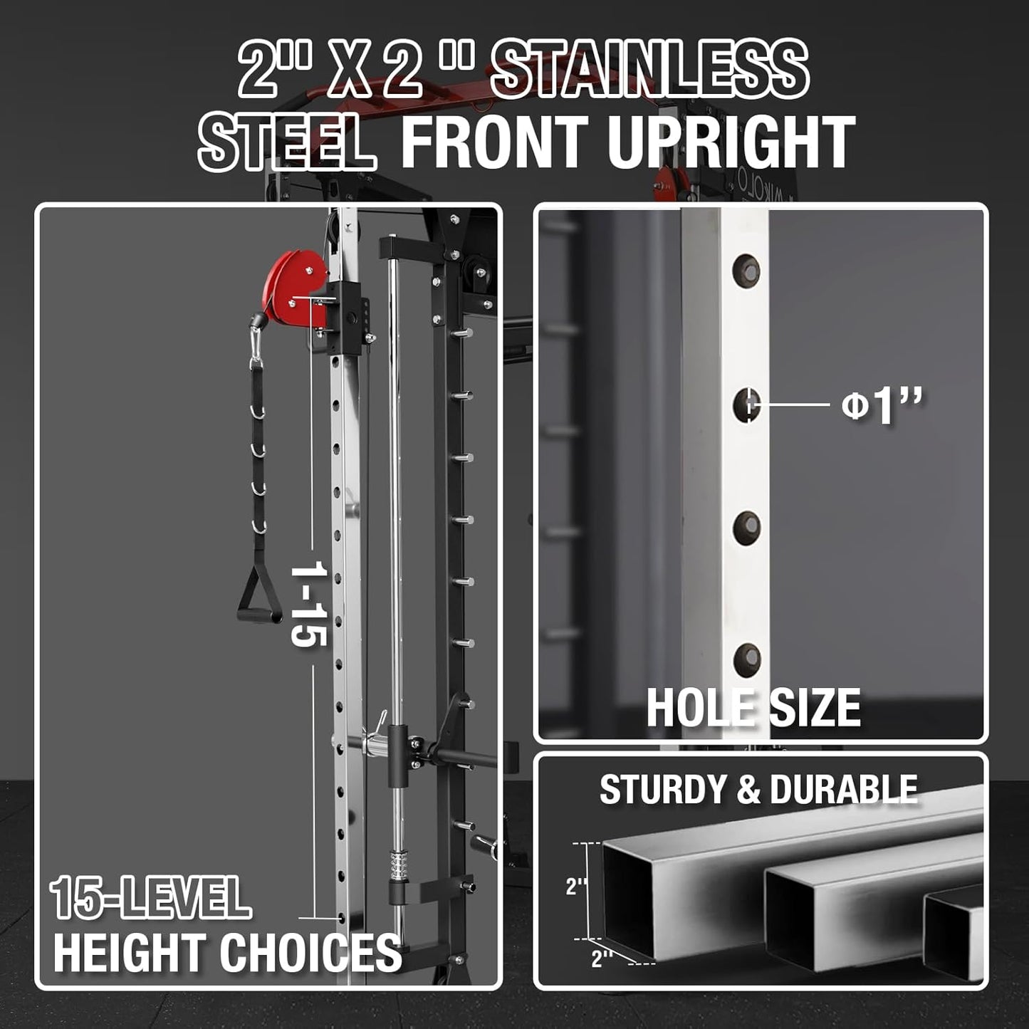 Mikolo Smith Machine, 2200lbs Squat Rack with LAT-Pull Down System & Cable Crossover Machine, Training Equipment with Leg Hold-Down Attachment