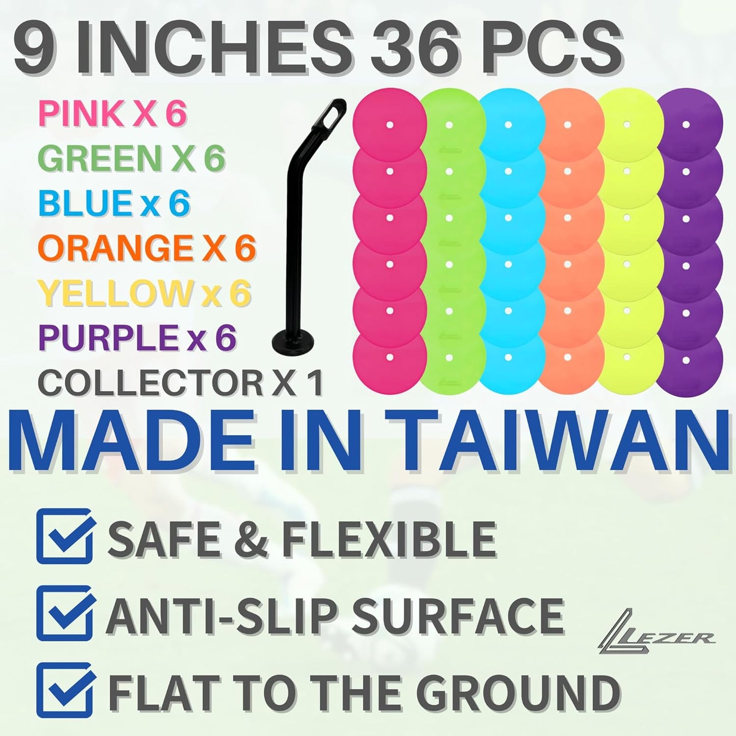 LEZER 9 Inch Flat Cones, Spot Markers, Soccer Cones, Field Court Markers, Sit Spots, Flat Discs, Soccer Training Equipment, Agility Practice, Football, Made in Taiwan