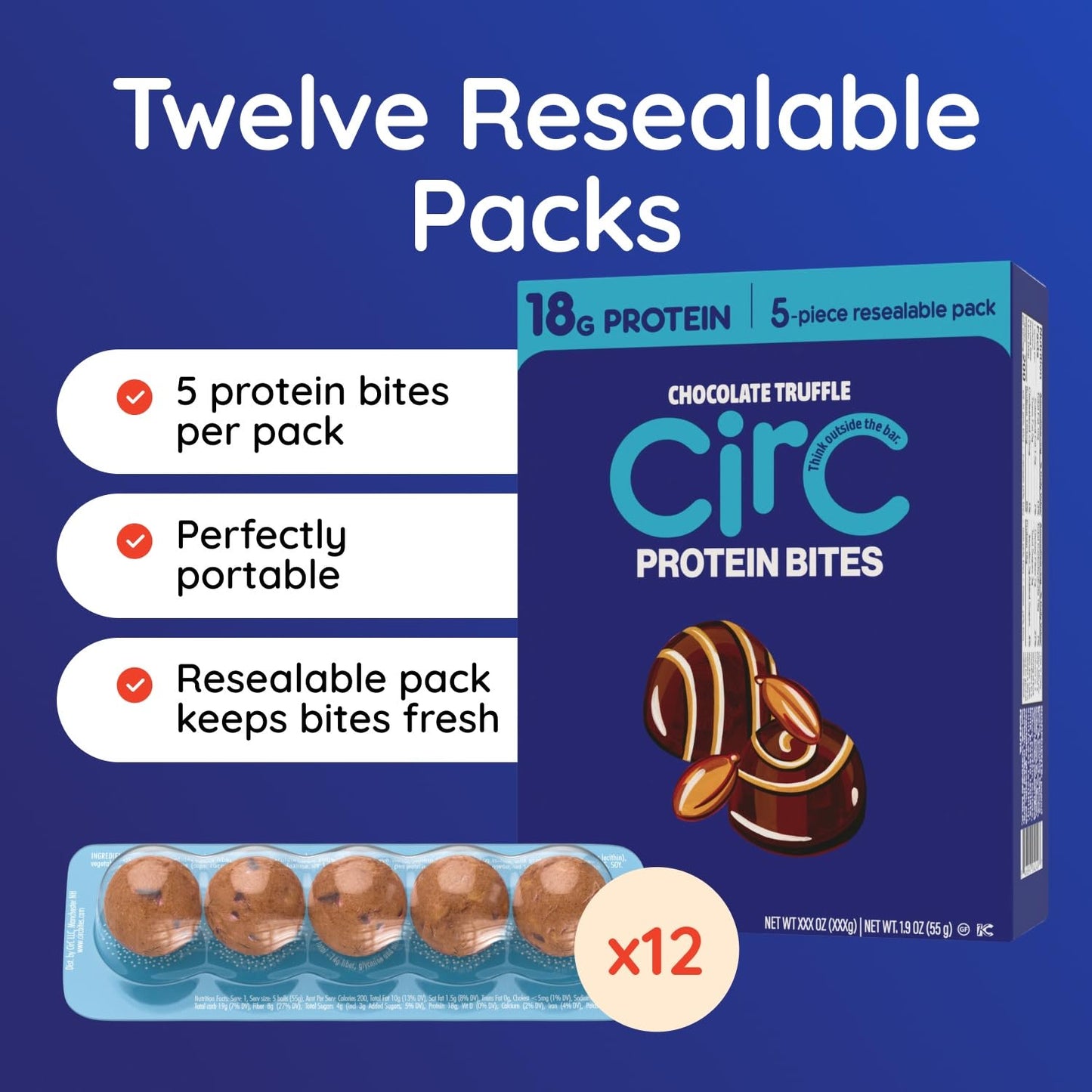 CirC Protein Bites - 12 Count Chocolate Truffle High Energy Balls - 18g of protein, 4g Collagen, 5g of net carb, Whey & Peanuts - Portable Healthy Snacks in 5-Piece Resealable Packs
