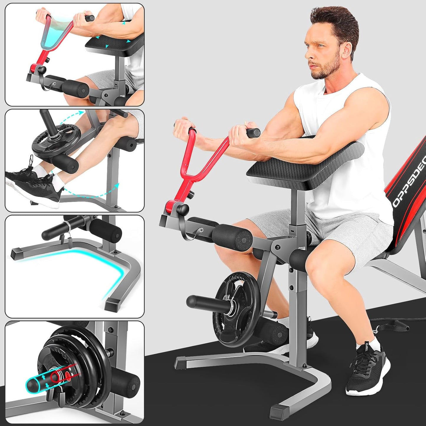 OPPSDECOR 900LBS Adjustable Weight Bench Press with Leg Extension and Preacher Curl Pad, Flat Incline Decline Utility Workout Bench for Home Gym Exercise