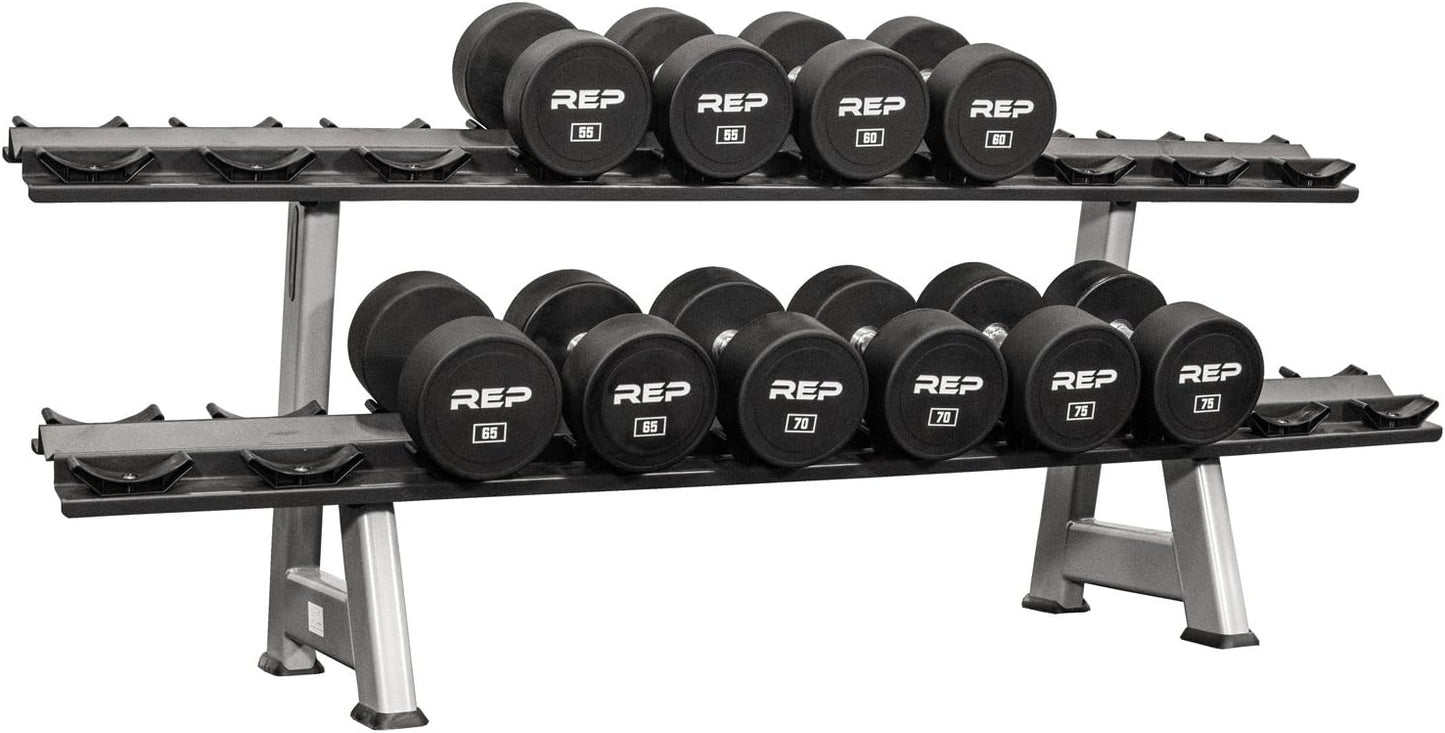 REP Fitness Urethane Coated Round Dumbbells, 5 to 100 lbs, Singles or Pairs, With or Without Rack, Steel Core, Rubber Encased, Chrome Handles, Professional Weights for Home Gym Strength Training