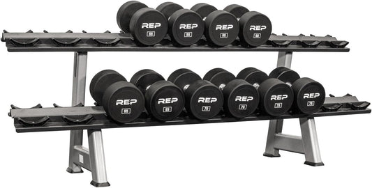 REP Fitness Urethane Coated Round Dumbbells, 5 to 100 lbs, Singles or Pairs, With or Without Rack, Steel Core, Rubber Encased, Chrome Handles, Professional Weights for Home Gym Strength Training