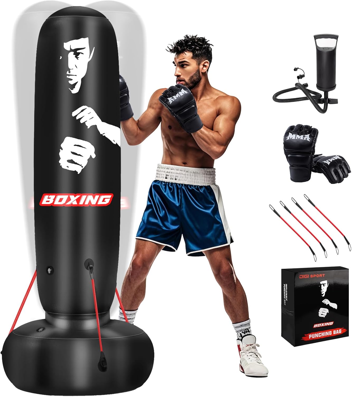 Punching Bag for Adults, 71" Boxing Bag with Stand and Fixed Rope,Free Standing Freestanding Punch Bag with Gloves and Pump, Inflatable Heavy Boxing Bag Set for Adults Teens Men Youth at Home Outdoor