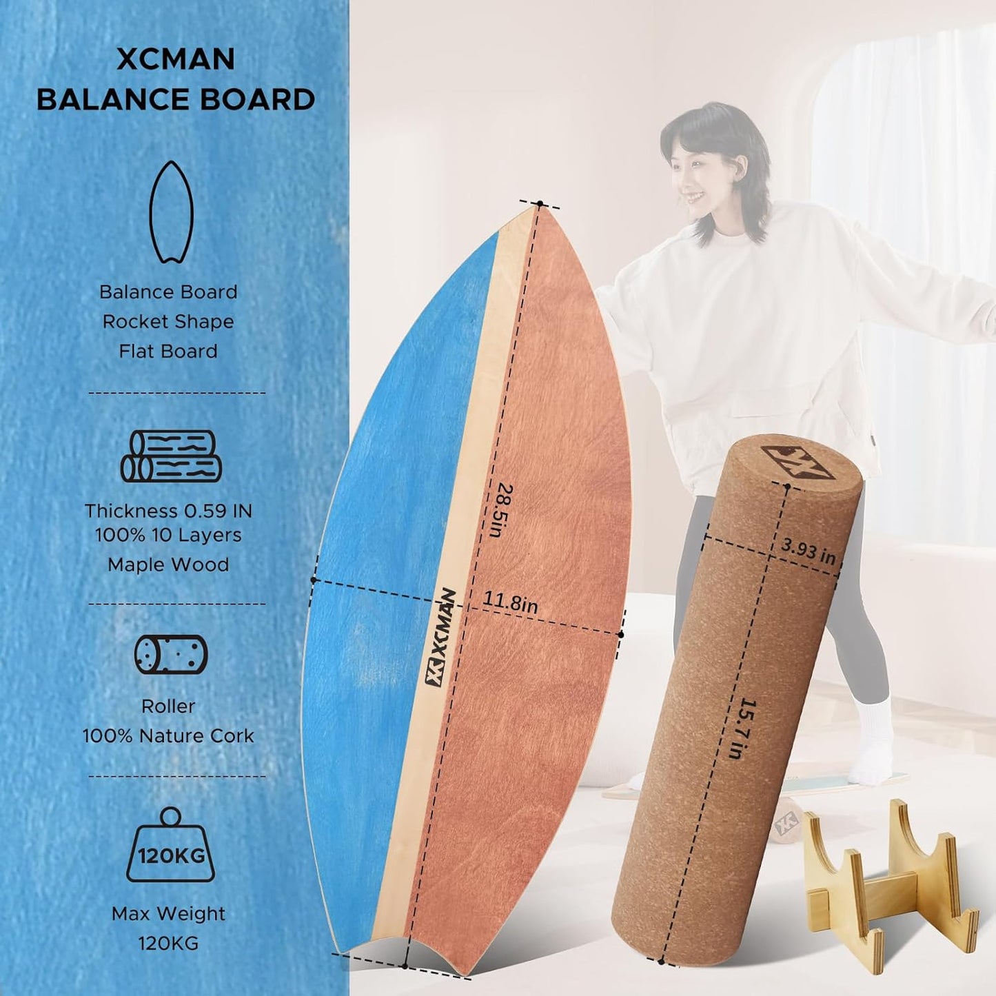 XCMAN Surf Balance Board Trainer with Roller Wooden Exercise Balancing Stability Trainer - Non Slip Surface for Adults Kids|Balance Board for Surfing,Snowboarding,Skateboarding,Hockey,Yoga Training