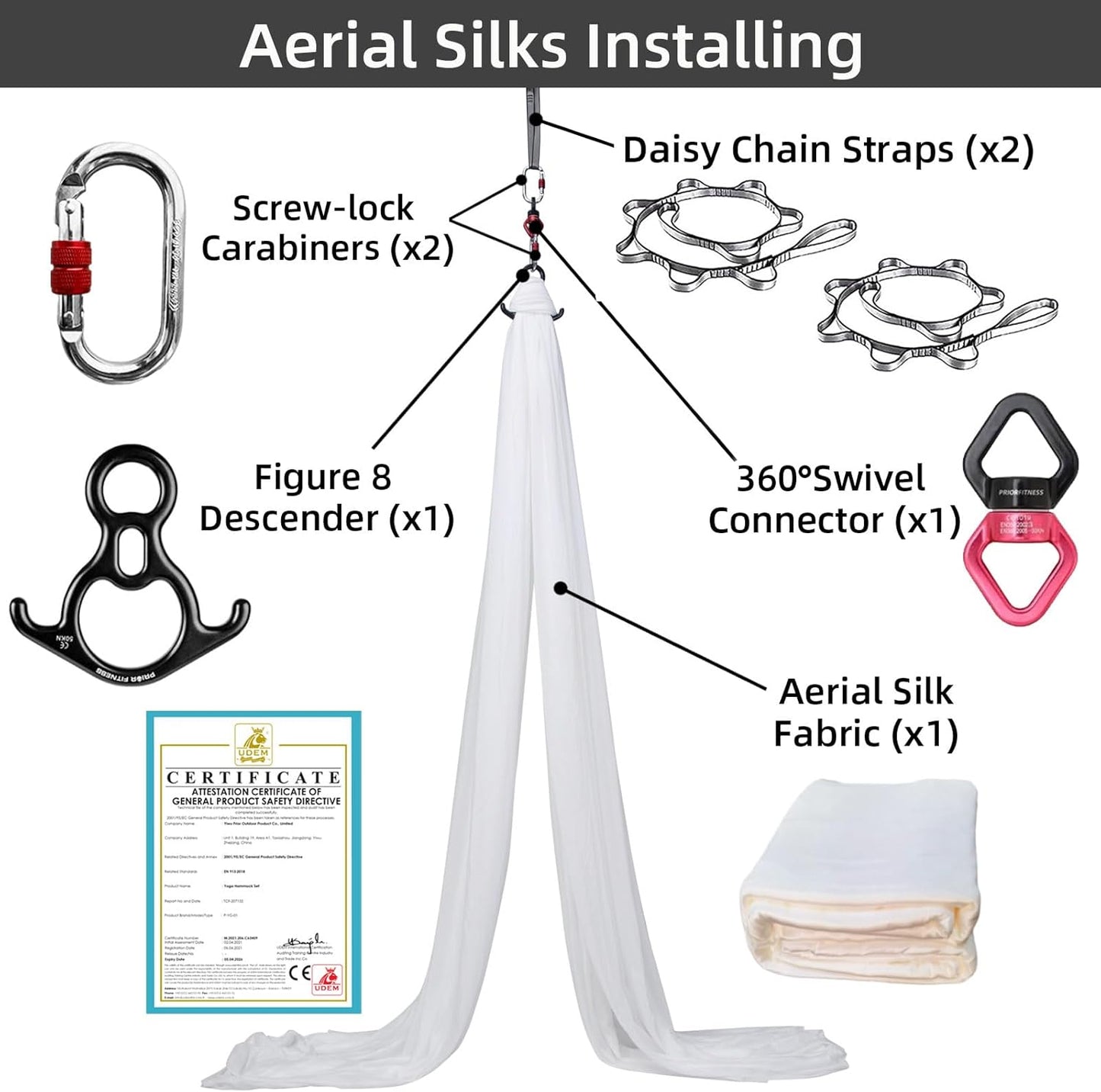 PRIOR FITNESS Aerial Silks Kit Colorful 9/15/20 Yards 40D Nylon Fabric Hammock Set With Hardware & Guide for All Levels Of Aerial Yoga Practice and Acrobatic Flying For Adults Aerial silk